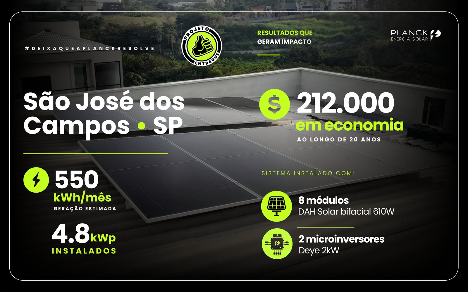 Sistema fotovoltaico instalado em São José dos Campos, SP, sobre laje com vista panorâmica da região